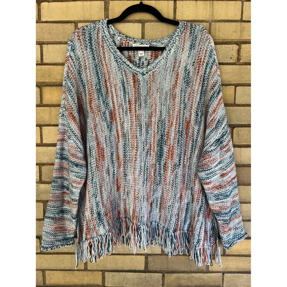 Canyon Retreat Fringe Hem V-Neck Oversized Sweater Blue Burnt Orange Medium